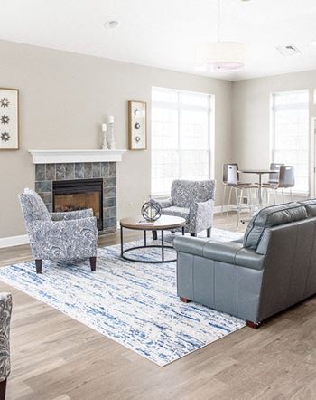a living room with couches and chairs and a fireplace